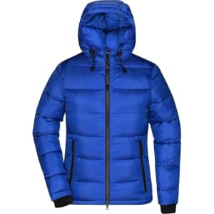 A blue padded jacket with a hood, featuring zippered pockets and an adjustable drawstring. It has a logo on it.