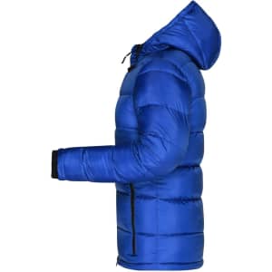A blue padded puffer jacket with a hood and zippered pockets, featuring a logo on the sleeve.