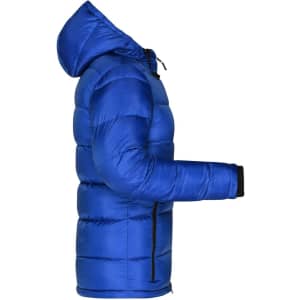 A blue padded jacket with a hood, featuring a zip front and elastic cuffs. It has a logo on the sleeve.