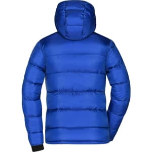 A blue padded jacket with a hood, featuring a quilted design and a branded logo on the back.