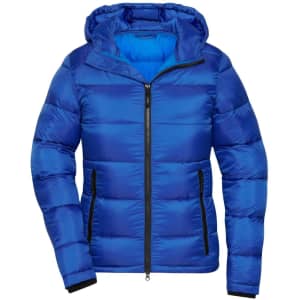 A blue padded jacket with a hood, featuring a zip front and black detailing. It has a logo on it.