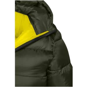 A padded jacket in olive green with a bright yellow lining and a zipper detail. It features a hood and a logo.