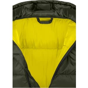 A padded jacket featuring a dark green exterior and a bright yellow interior, with a hanging loop inside.