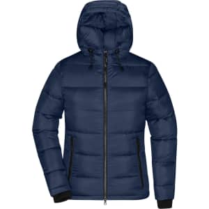 A navy padded jacket with a hood, featuring front zip and side pockets, and a logo on one side.