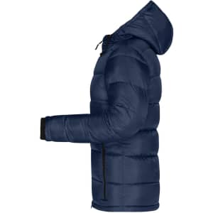 A navy padded jacket with a hood, featuring a sleek design and branding on the side.