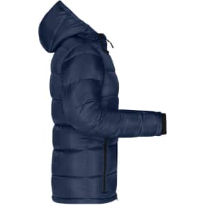 A navy Ladies Padded Jacket with a hood and zippered pockets, featuring a logo on the sleeve.