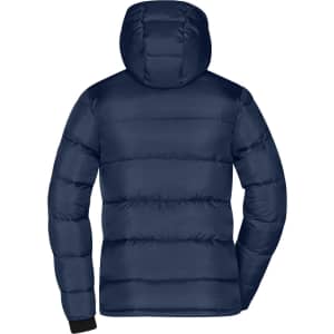 A navy padded jacket with a hood, featuring a quilted design and ribbed cuffs. It has a logo on the back.