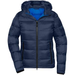 A navy padded jacket with a hood, featuring a blue inner lining and zip front closure, and black accents.