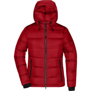 A red padded jacket with a hood, featuring a zip front and side pockets, and elastic cuffs. Includes a logo.