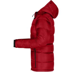 A red ladies padded jacket with a hood and black accents, featuring a sleek puffer design.