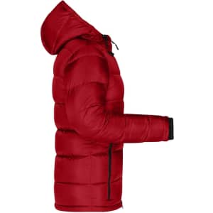 A red padded jacket with a hood, featuring a side view and contrasting black zip and cuffs. Includes branding.