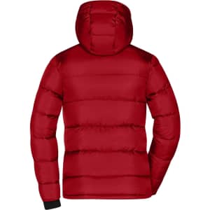 A red padded jacket with a hood, showcasing a quilted design from the back view. It features a logo on the sleeve.