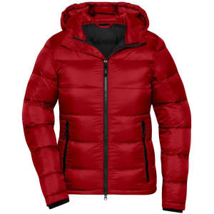 A red padded jacket with a hood, featuring a zip closure and black interior lining. It has a logo on the design.