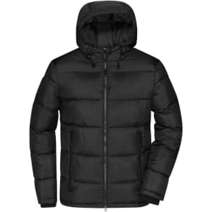 A black padded jacket with a hood, featuring a zip front and two side pockets. It has a logo on the chest.