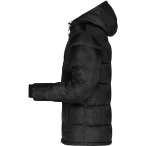 A black padded jacket with a hood, featuring a side view and a logo on the sleeve.