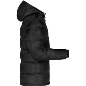 A men's padded puffer jacket in black, featuring a hood and side view details. It has a logo on the front.