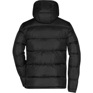 A black men's padded puffer jacket with a hood, featuring a quilted design and a logo.