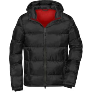 A black padded jacket with a hood, featuring a red inner lining and a front zip closure. It has a logo on the jacket.