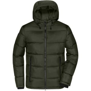 A padded jacket in dark green, featuring a hood, zip front, and side pockets. It has a logo on the chest.