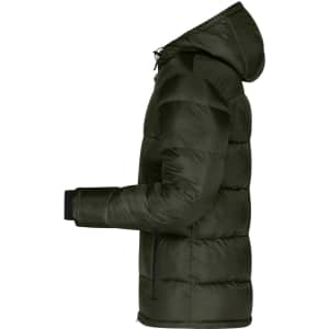A men's padded puffer jacket in dark green, featuring a hood and elastic cuffs, with a logo on the front.