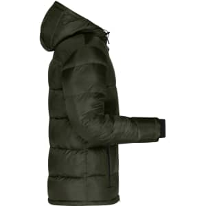 A padded men's jacket in dark green with a hood, featuring a side profile view and a logo on the sleeve.