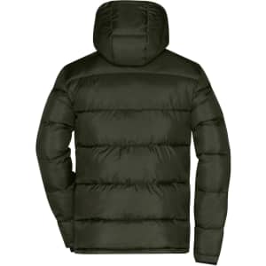 A men's padded puffer jacket in dark green, featuring a hood and quilted design on the back.