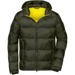 A men's padded puffer jacket in dark green with a yellow inner lining and a zip-up front. It has a hood and branding.