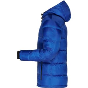 A blue padded puffer jacket with a hood, featuring zippered pockets and ribbed cuffs. It has a logo on the front.