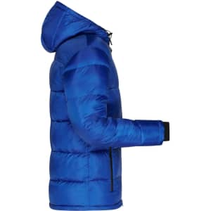 A blue padded jacket with a hood, featuring a side view and a logo on the sleeve.