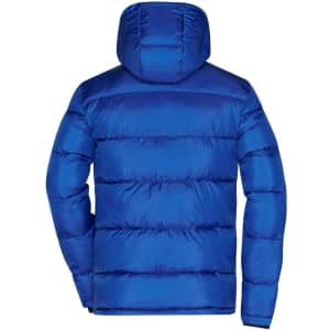 A padded jacket in vibrant blue with a hood, featuring a quilted design and a logo.