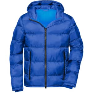 A blue padded puffer jacket with a hood and zippered front, featuring two side pockets and a logo.