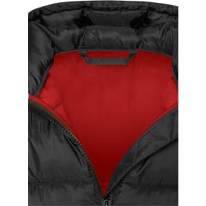 A black puffer jacket with a red interior, featuring a zip closure and an inner handle.