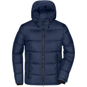 A navy padded jacket with a hood, featuring a zip front and black detailing. Includes a logo on the sleeve.