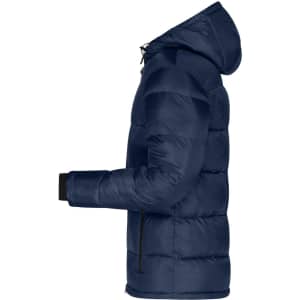 A navy men's padded jacket featuring a hood, zippered pockets, and elastic cuffs. It has branding visible on the jacket.