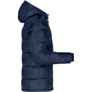 A navy blue men's padded puffer jacket with a hood and zippered pockets, featuring a logo on the sleeve.