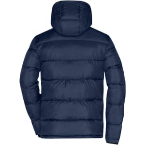 A men's padded puffer jacket in navy blue, featuring a hood and a quilted design. Branding visible on the garment.