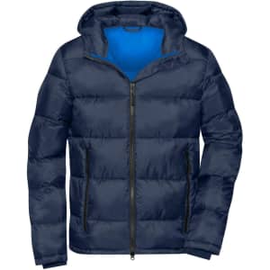 A navy blue puffer jacket with a zip front and a blue interior, featuring a hood and logo on the chest.