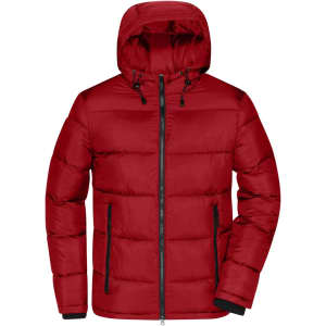 A red puffer jacket with a hood, featuring a zip front and black accents. It has a logo on one side.
