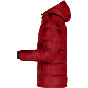 A red padded jacket with a hood, featuring a zip and adjustable cuffs, displayed from the side.