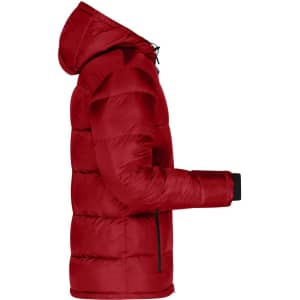 A red padded jacket with a hood, featuring a side view showcasing its puffer design and zip pockets.
