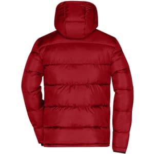 A red men's padded puffer jacket with a hood, featuring a simple design and an unobtrusive logo.