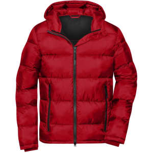 A red padded jacket with a hood and zippered front, featuring dual side pockets and a black interior.