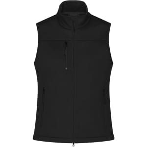 A black ladies' softshell vest featuring a zip front and pockets, with a collar and a logo.