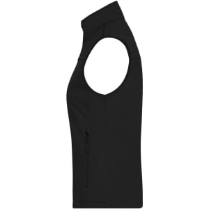 A black ladies' softshell vest featuring a high collar and a side zip pocket. It has an armhole design without sleeves.