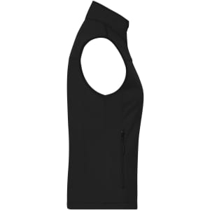 A black ladies' softshell vest with a high collar and a side zip pocket. It features a fitted design and no sleeves.