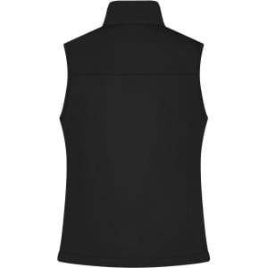 A black ladies softshell vest featuring a high collar and a sleek, minimalist design. It has one logo.