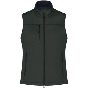 A dark green ladies softshell vest with multiple zip pockets and a high collar, featuring a logo.