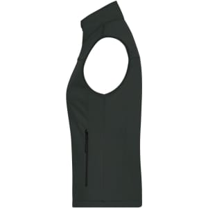 A dark green ladies softshell vest with a zip pocket and a sleeveless design. It features a logo on the fabric.