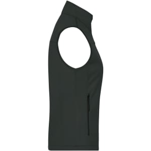A dark green ladies softshell vest featuring a zippered pocket and a sleeveless design.
