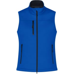 A blue ladies softshell vest with a high collar and zippered pockets, featuring a logo.